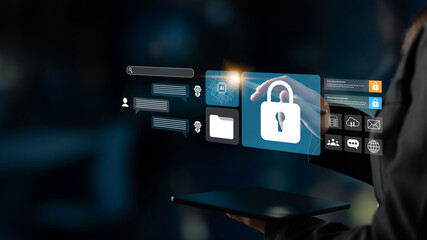 This image portrays a modern cybersecurity concept featuring a digital lock and symbols representing data protection, emphasizing user interaction in a virtual environment. Gantry