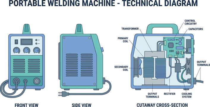 Portable welding machine technical diagram with front view, side view, cross section, transformer coils, industrial engineering vector illustration