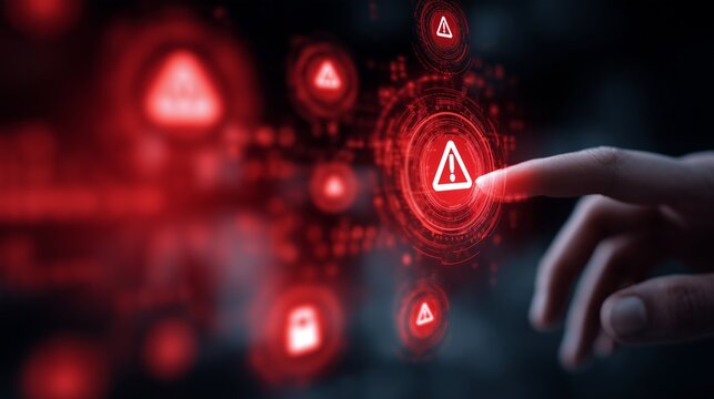 Hand touching a digital screen displaying red warning error triangle symbols - Powered by Adobe