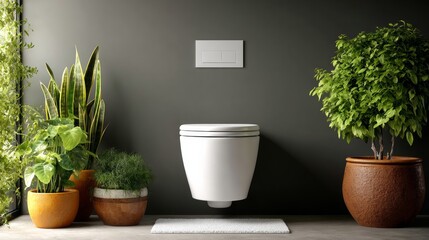 Fototapeta premium A bathroom with a toilet and potted plants. The plants are in various sizes and colors, and the toilet is white. The bathroom has a modern and clean look, with the plants adding a touch of nature
