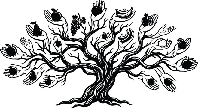 Surrealistic tree with hands instead of leaves holding fruit