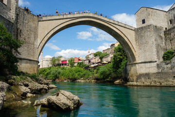 Mostar, Bosnia and Herzegovina - 05.02.2025: historical Stari Most or Old Bridge, over Neretva river