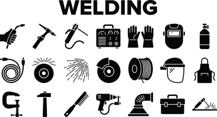 Obraz premium Welding tools and equipment icons set with torch, machine, helmet, gloves, safety gear, industrial process vector illustrations