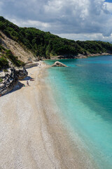 panoramic of Pulebardha Beach, Ksamil, Albania. Summertime on albanian riviera