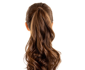 Obraz premium Woman's long brown wavy hair styled in a beautiful high ponytail, showcasing healthy, shiny, and voluminous curls from a rear view perspective