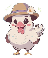 Fototapeta premium White bird wearing a brown hat in a flower garden animal illustration for spring season celebration and events