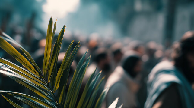 Palm leaves in foreground during a crowded palm sunday procession representing christian tradition faith community and holy week celebration