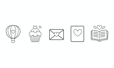 Hand Drawn Valentine Icon Set with Balloon Cupcake Envelope Card Book