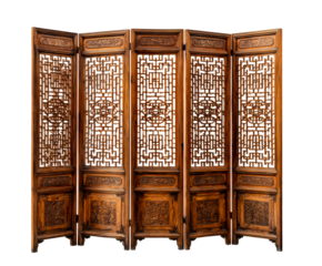 Vintage wooden six-panel folding screen with intricate latticework and detailed hand-carved panels showing traditional Asian artistry and craftsmanship