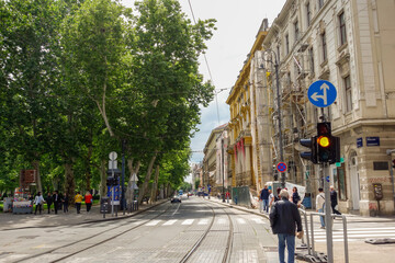 Zagreb, Croatia - 05.16.2025: ancient buildings and tram lines in old town