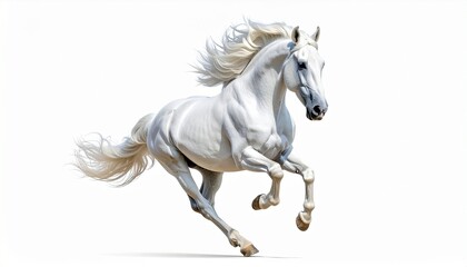 Fototapeta premium White Horse Galloping with Flowing Mane and Tail on White Background