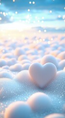 Gentle white heart on a bed of sparkling snow under bokeh sky