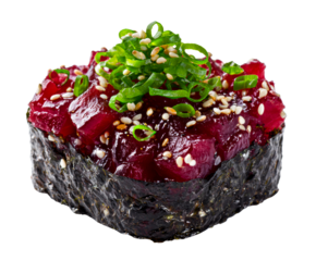 Gunkan maki sushi with marinated raw tuna tartare, wrapped in nori seaweed and garnished with fresh spring onion and sesame seeds, presents a gourmet seafood appetizer