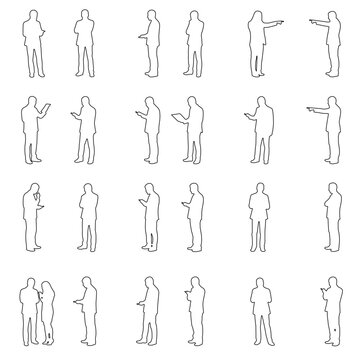 Set of 30 minimal outline people figures in talking, pointing and standing poses. Perfect for business presentations, infographics, architectural plans, diagrams, user interface design and modern visu