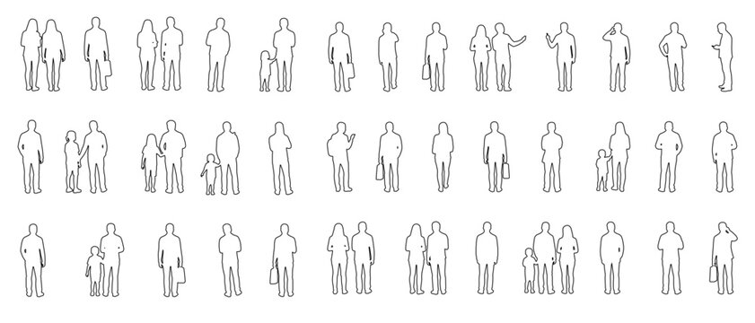 Set of 36 minimal outline people figures in varied standing, walking and group poses. Ideal for architectural plans, urban design, infographics, presentations, floor plans and modern visual layouts.
