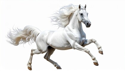 Obraz premium White Horse Galloping with Flowing Mane and Tail on White Background