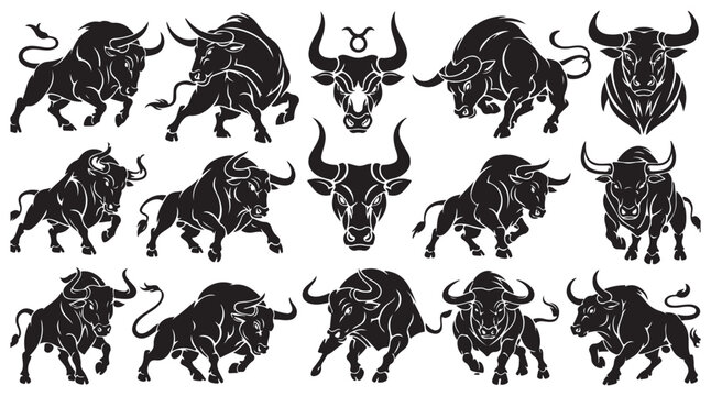 Bull Silhouette Set Charging Taurus Animal Vector Illustration