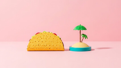 Taco on pink background with mini tropical island