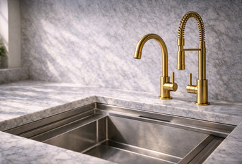 Minimalist luxury workstation kitchen sink with integrated rails and brass faucets on a marble countertop. Clean empty setup in soft natural light, premium interior background and quiet luxury concept