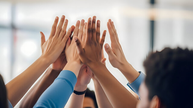 Diverse group of people stacking their hands together in a team gesture