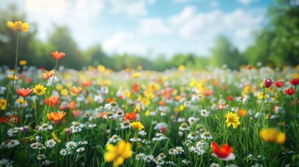 Naklejka premium Spring Meadow With Flowers On One Side And Copy Space