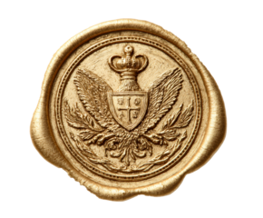 Detailed gold wax seal with an embossed royal crest featuring a crown, shield, and wings, showcasing intricate details and a classic, antique texture for official documents