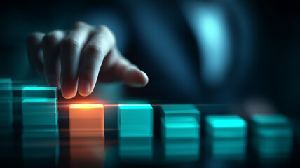 A human finger selecting a highlighted cube among multiple blocks to represent strategic choice and decision making process.
