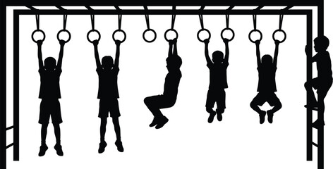Children playing on monkey bar rings at playground, hanging and climbing in silhouette, active outdoor exercise improving strength, balance, teamwork, fun physical activity for kids. © Wajkuruni