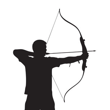 Silhouette of Archer Drawing Bow Ready to Shoot with Intense Focus Male Athlete Practicing Archery Precision and Skill in Aiming Vector Illustration