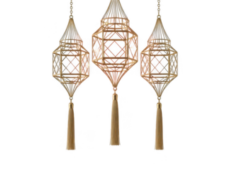 Set of three hanging geometric lanterns isolated on transparent background