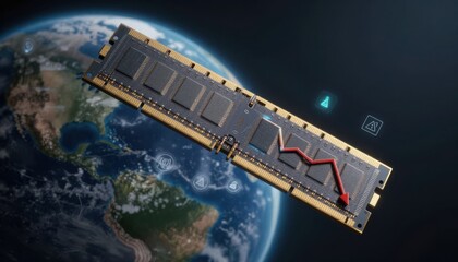 Close-up of computer RAM module with red circuit line over Earth