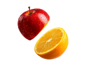 Creative hybrid fruit made of a red apple and a sliced orange is covered in fresh water droplets and splashes while floating, creating a surreal and vibrant concept