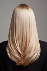 Naklejka premium A woman with long, straight, glossy blonde hair styled smoothly, wearing a black top against a neutral gray background.