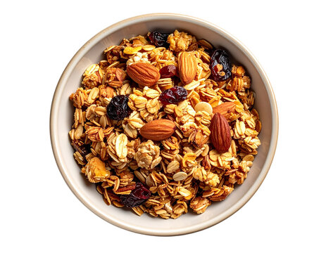 Granola bowl top view isolated on transparent background