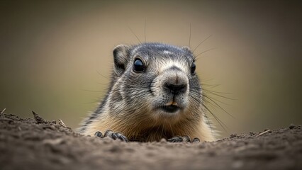 Curious groundhog peeks out from its burrow in the soft earth.