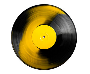 Yellow and black split color vinyl record with a blank label is shown in a top-down studio shot, highlighting the glossy texture and grooves of the LP disc