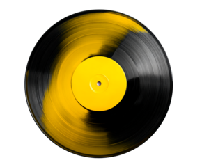 Yellow and black split color vinyl record with a blank label is shown in a top-down studio shot, highlighting the glossy texture and grooves of the LP disc