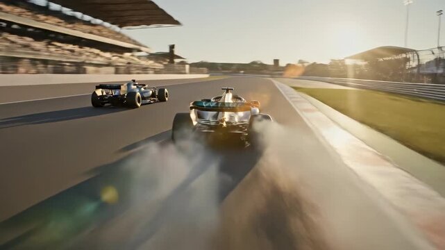 High-Speed Race Action Featuring Two Formula Cars Competing on a Sunlit Track with Motion Blur and Dynamic Lighting Effects