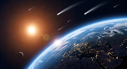 Planet Earth viewed from space with sunrise and meteors streaking through atmosphere highlighting cosmic scale astronomy science exploration and dramatic celestial environment