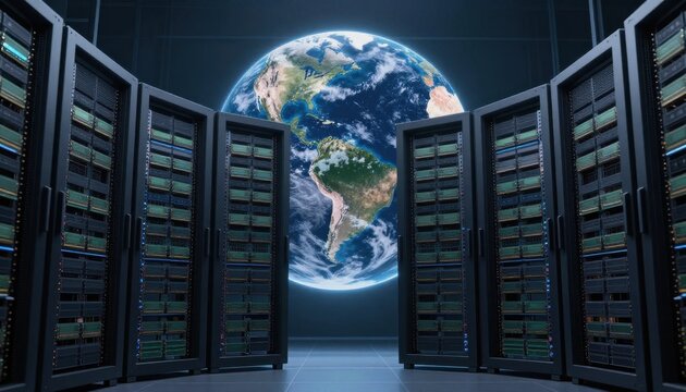 Server room with glowing Earth globe surrounded by computer racks - Powered by Adobe