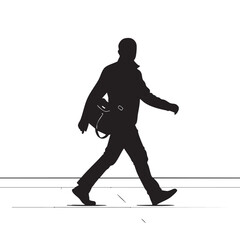 Fototapeta premium Silhouette male figure walking street urban sidewalk carrying shoulder bag. Man in coat walking with casual stride, side profile view. Monochrome vector graphic of a pedestrian.