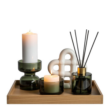 Wooden tray with candles and home decor heart shaped decor isolated on a transparent background