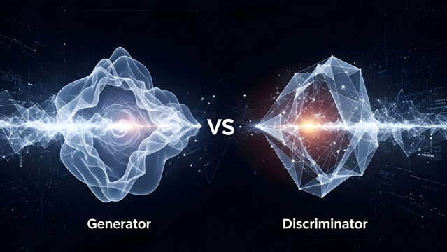 Abstract neural network generator vs discriminator on a black background with glowing blue and orange lights