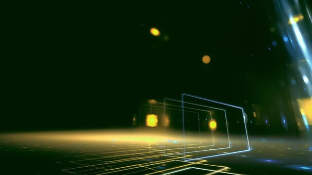 glowing geometry structures, digital technology innovation: futuristic forms, data visualization, network, 3D space, engineering, research, modern infrastructure, background, yellow, dark
