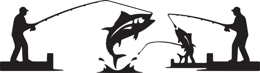 Obraz premium Silhouette of two men fishing with a large fish jumping out of water 1