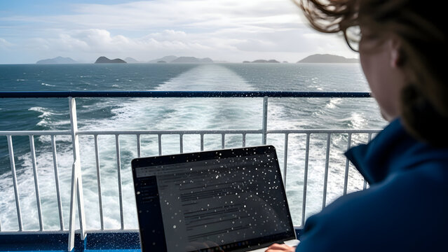 Person working on laptop on a boat in the ocean with waves and islands in the background on a sunny day with blue sky and clouds