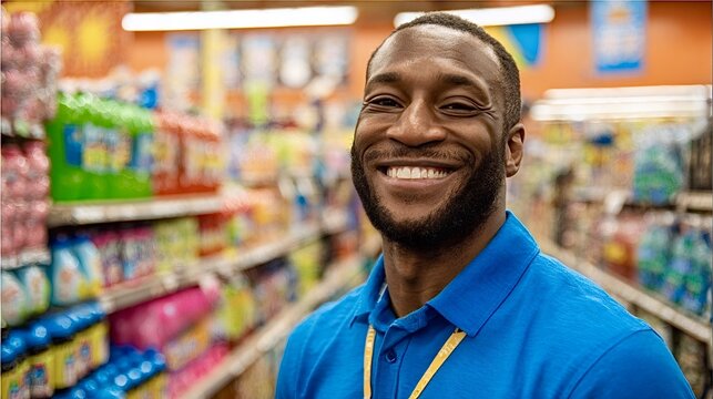 Smiling male grocery cashier worker looking at camera