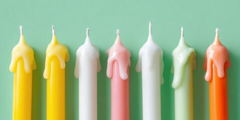Colorful dripping wax candles in a row on pastel green background