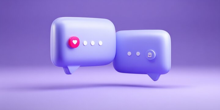 Purple speech bubbles with heart and smile icons on vibrant background