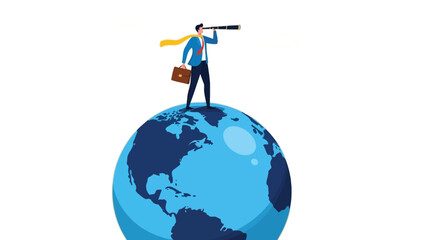 Businessman standing atop the globe looking toward the future with a telescope